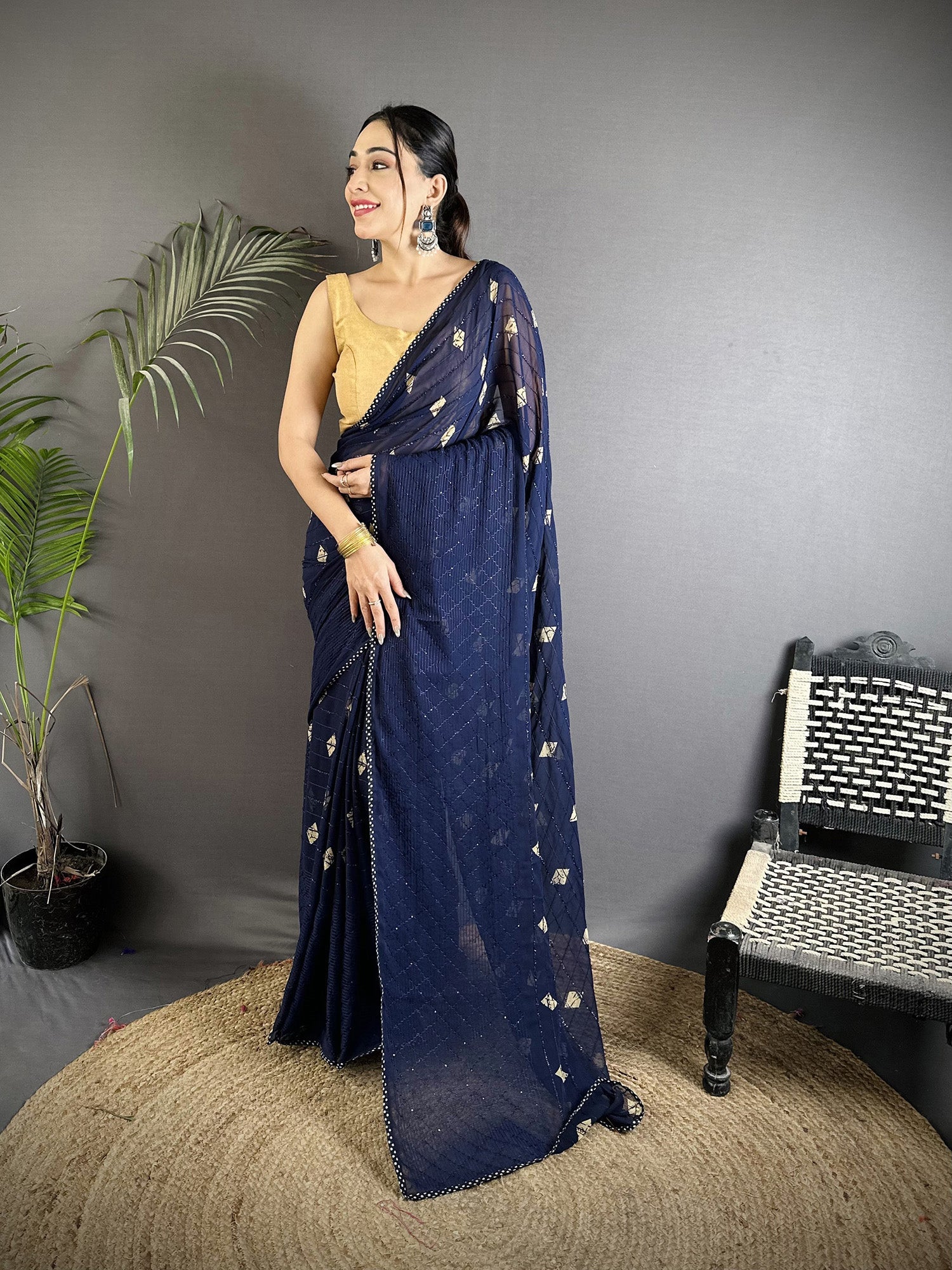 Joban Fashion Navy Blue Georgette Polka Dot Pattern Saree - Distacart