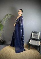Joban Fashion Navy Blue Georgette Polka Dot Pattern Saree - Distacart
