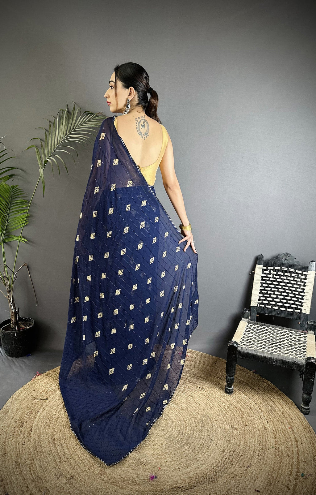 Joban Fashion Navy Blue Georgette Polka Dot Pattern Saree - Distacart