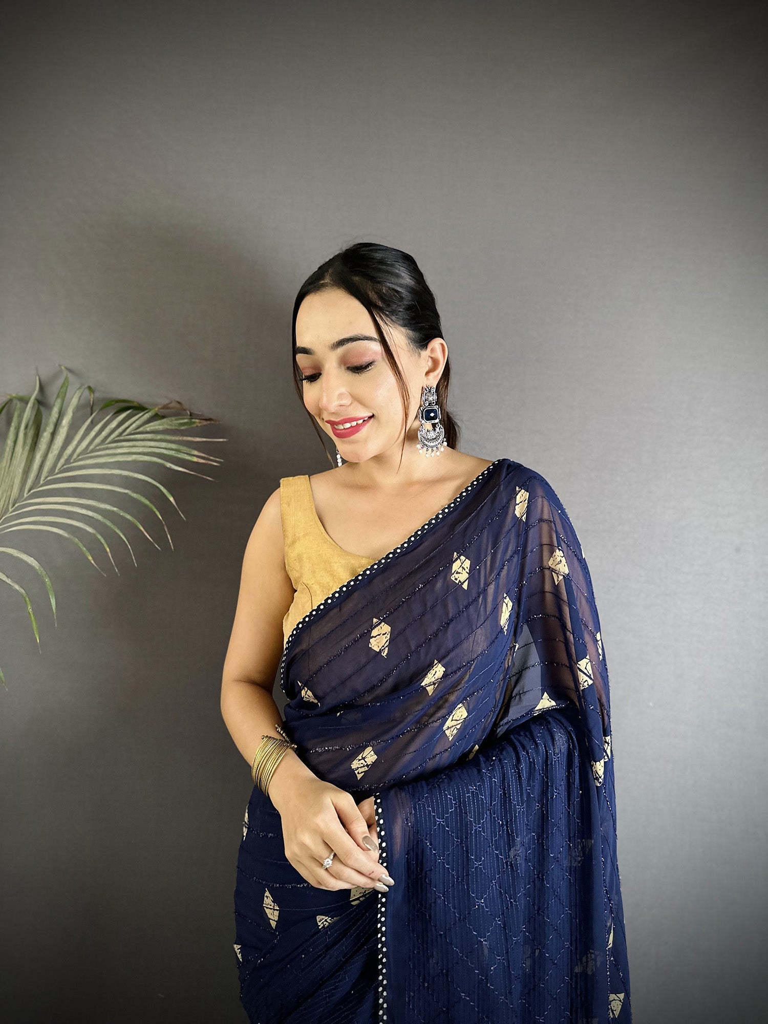 Joban Fashion Navy Blue Georgette Polka Dot Pattern Saree - Distacart