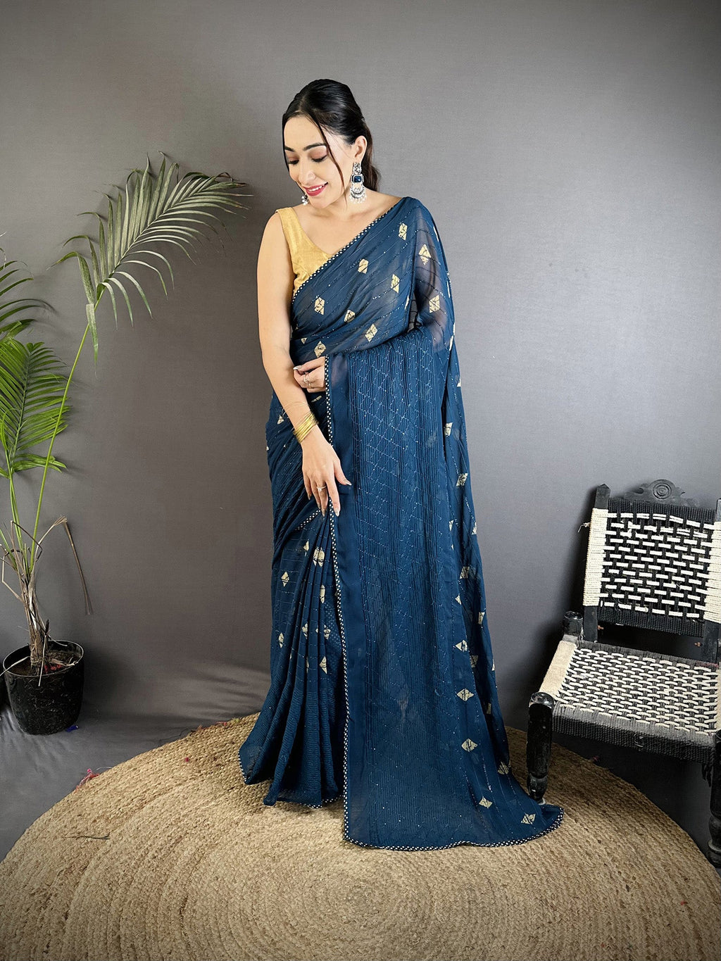 Joban Fashion Blue Georgette Polka Dot Pattern Saree - Distacart