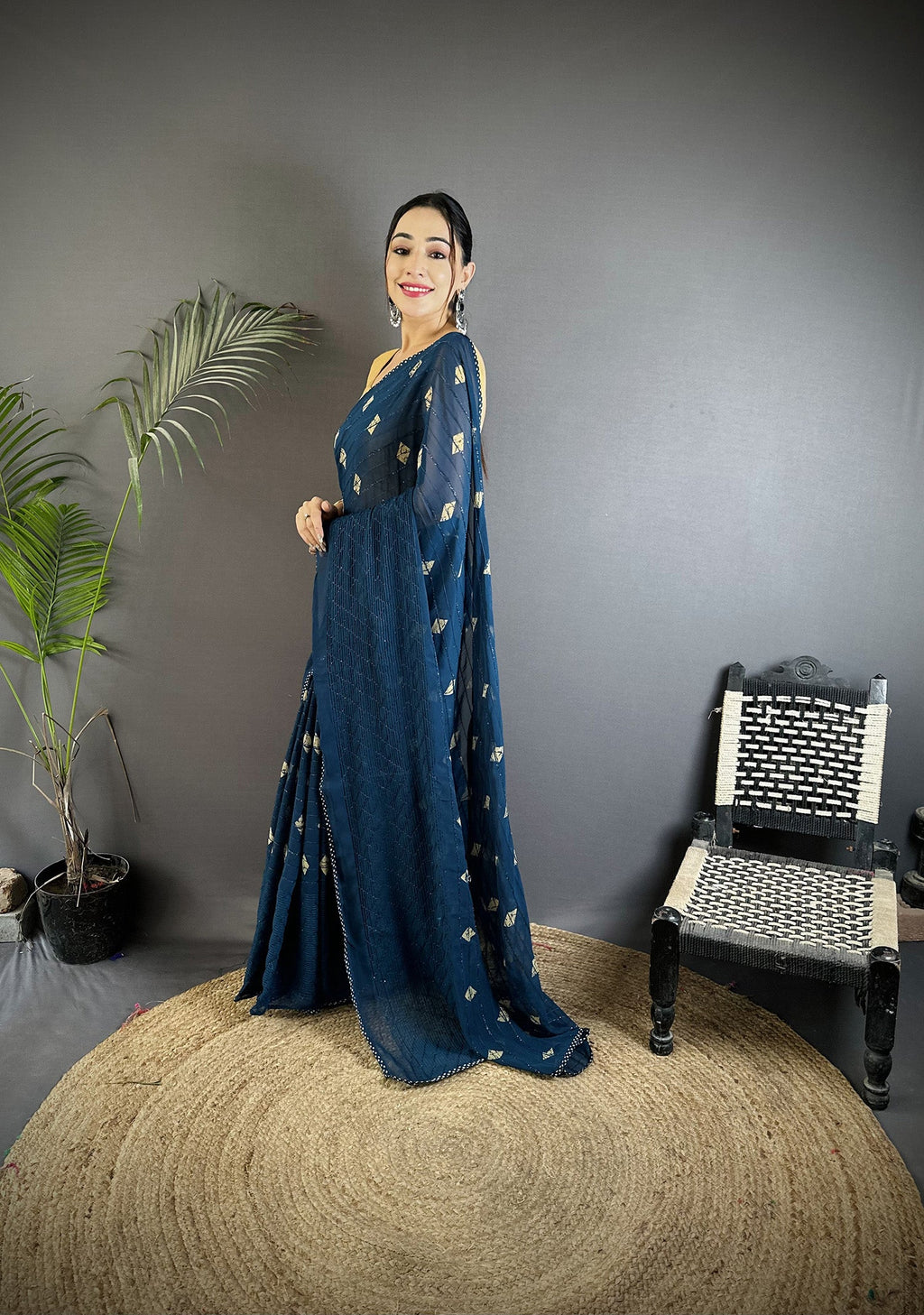 Joban Fashion Blue Georgette Polka Dot Pattern Saree - Distacart