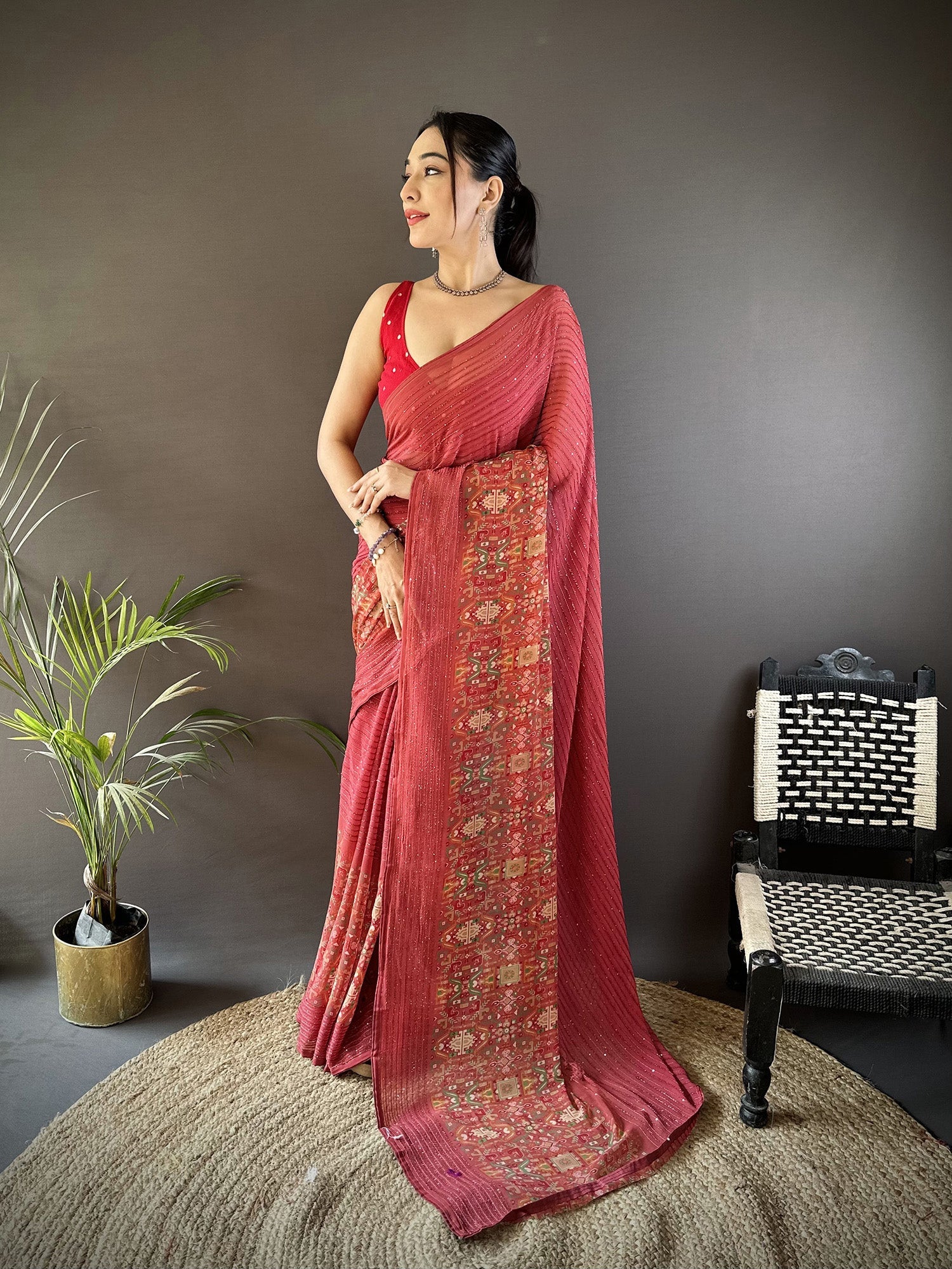 Joban Fashion Red Georgette Attractive Foil Print Saree - Distacart