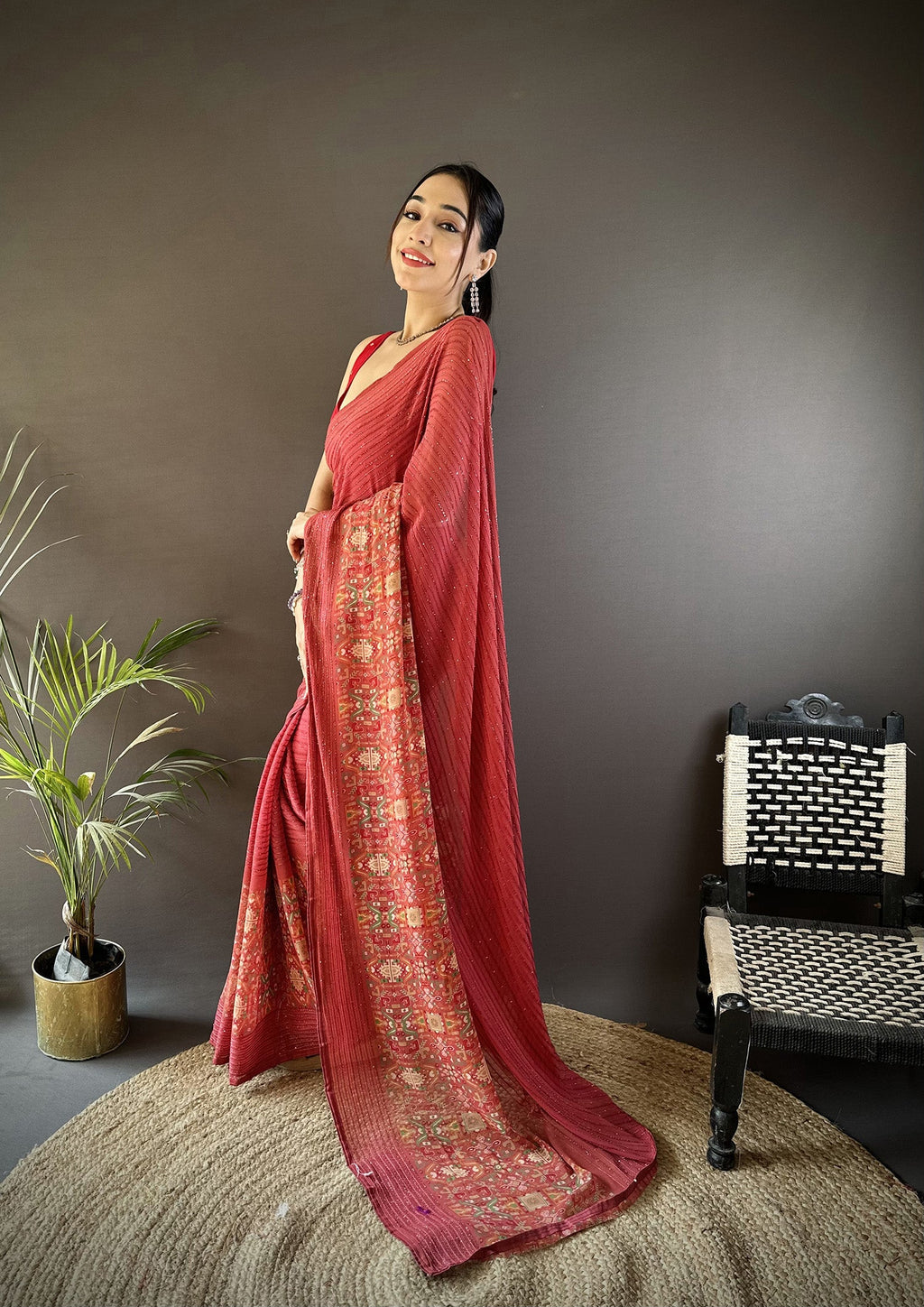 Joban Fashion Red Georgette Attractive Foil Print Saree - Distacart