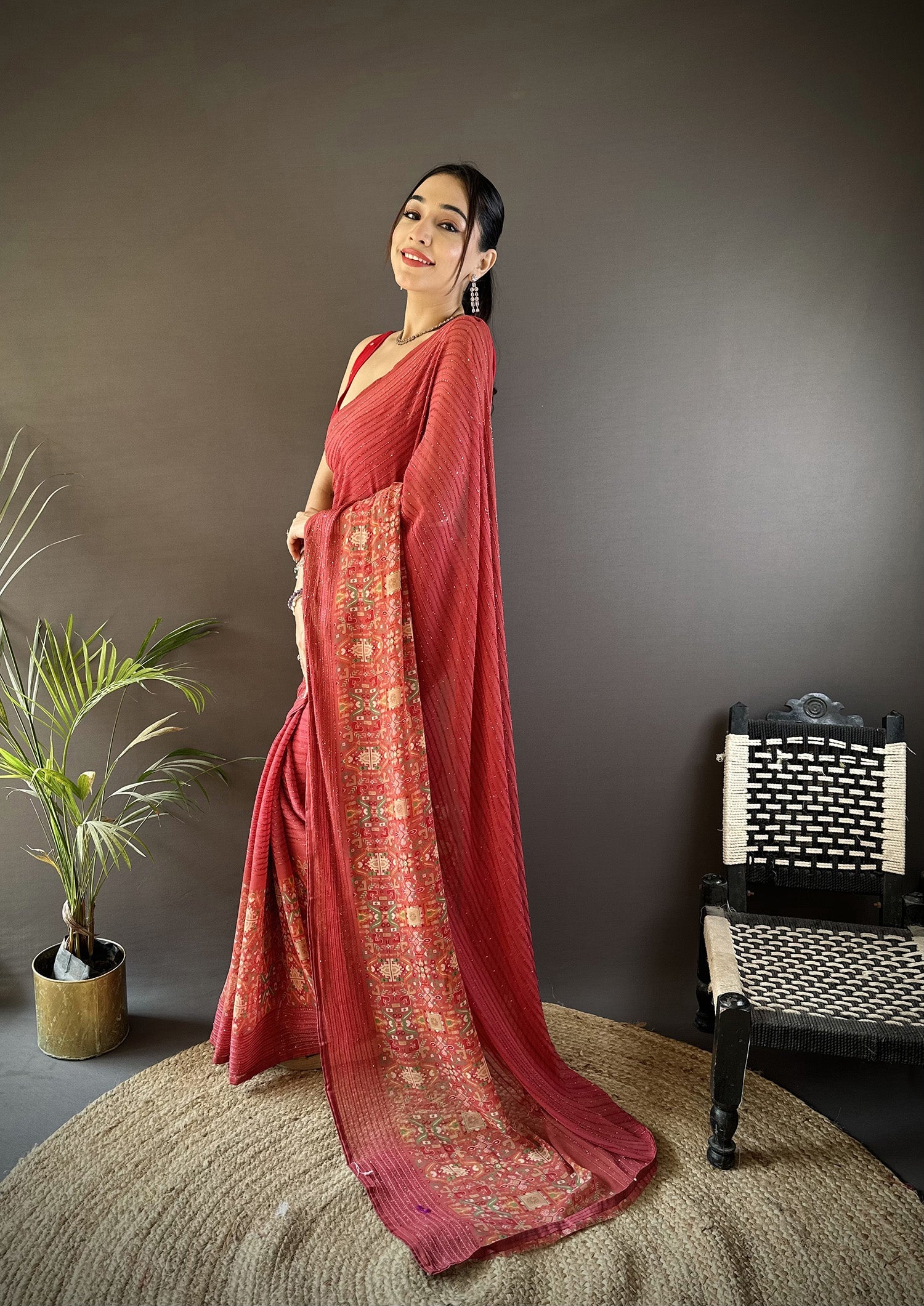 Joban Fashion Red Georgette Attractive Foil Print Saree - Distacart