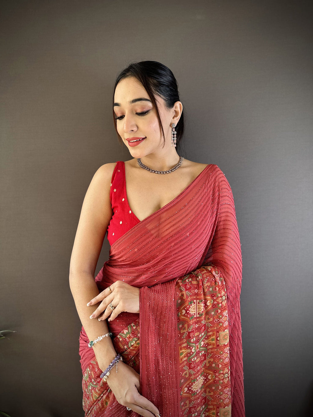 Joban Fashion Red Georgette Attractive Foil Print Saree - Distacart