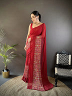 Joban Fashion Royal Red Georgette Attractive Foil Print Saree - Distacart