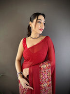 Joban Fashion Royal Red Georgette Attractive Foil Print Saree - Distacart