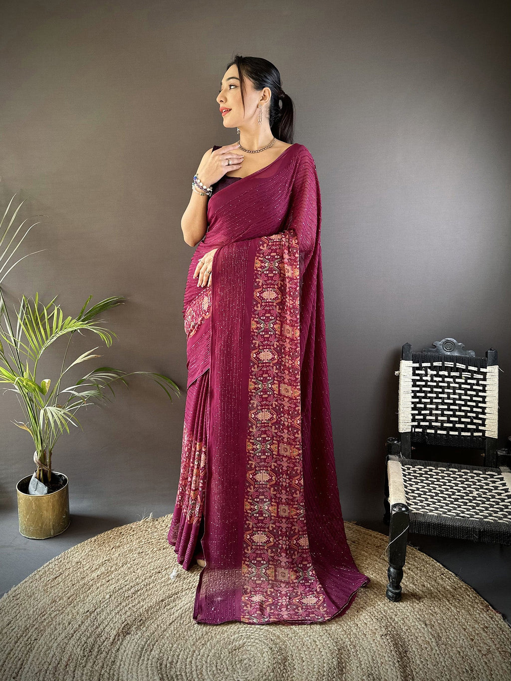 Joban Fashion Wine Georgette Attractive Foil Print Saree - Distacart