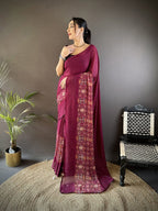 Joban Fashion Wine Georgette Attractive Foil Print Saree - Distacart