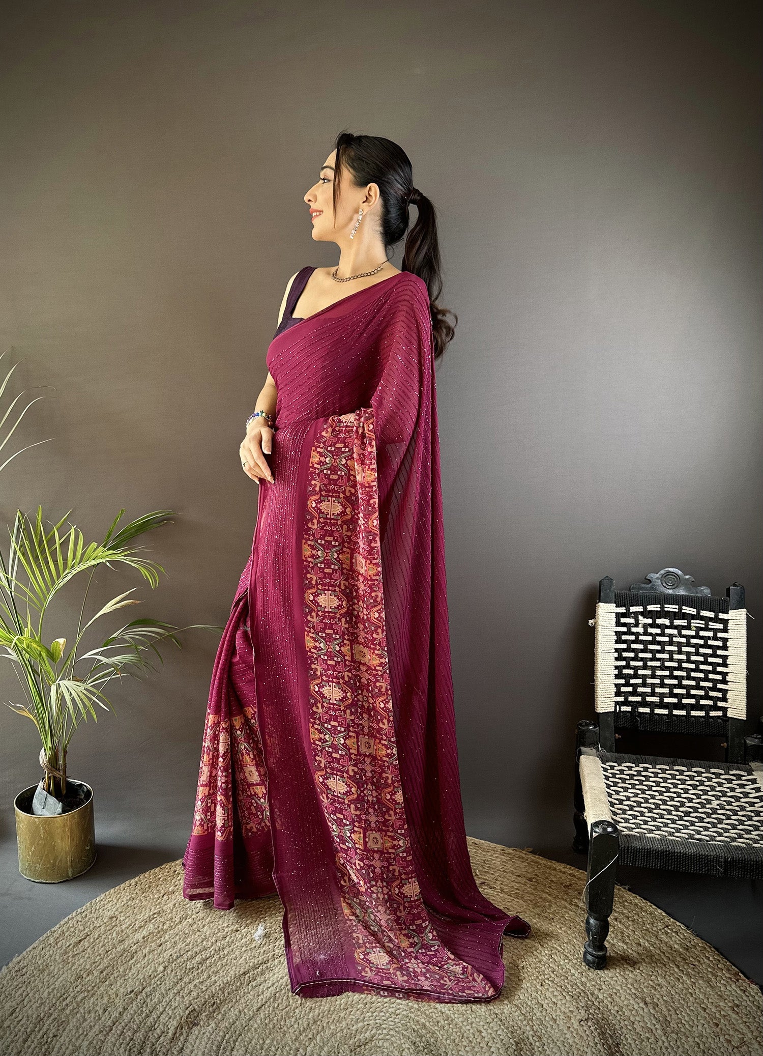 Joban Fashion Wine Georgette Attractive Foil Print Saree - Distacart