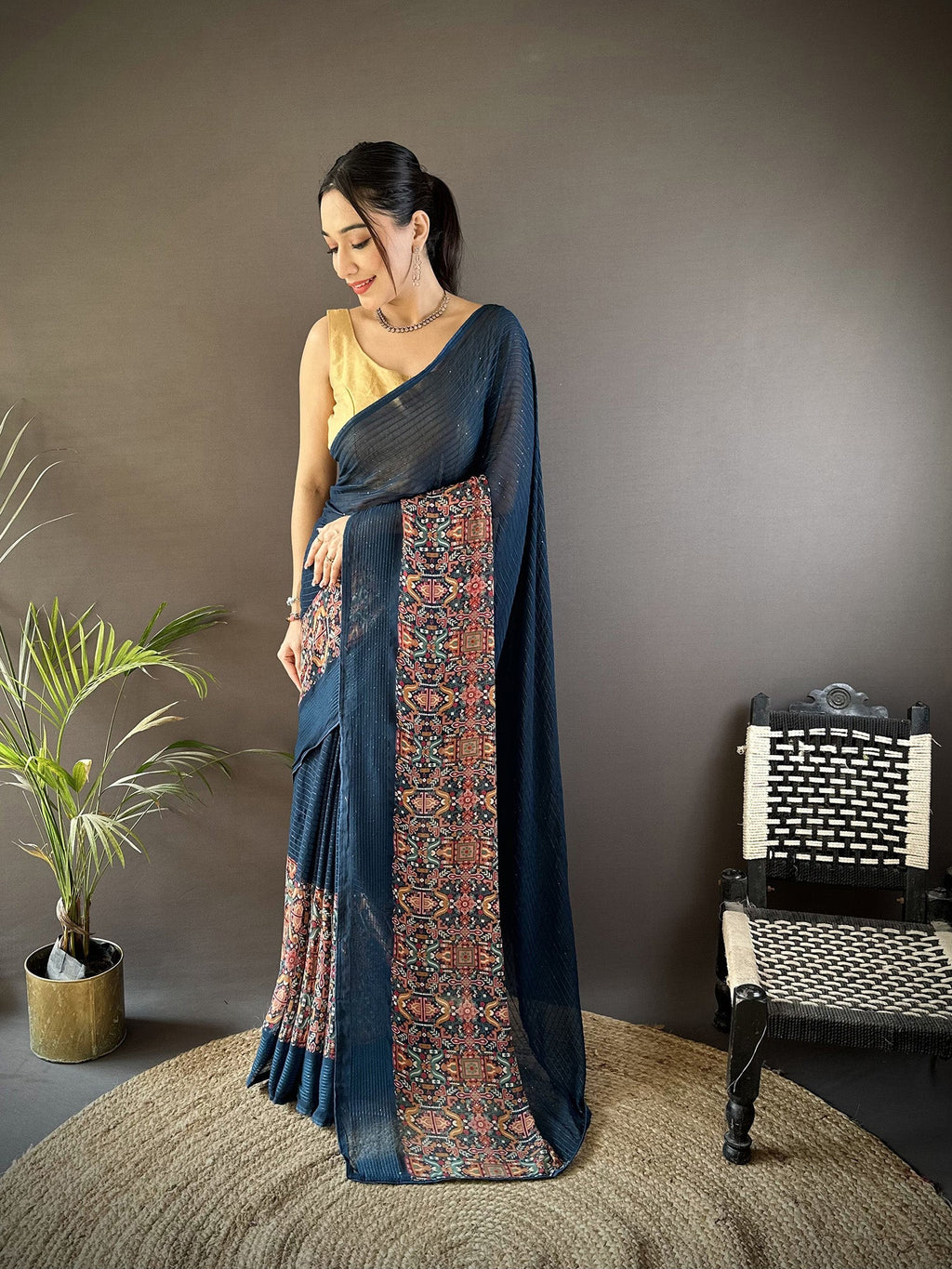 Joban Fashion Blue Georgette Attractive Foil Print Saree - Distacart