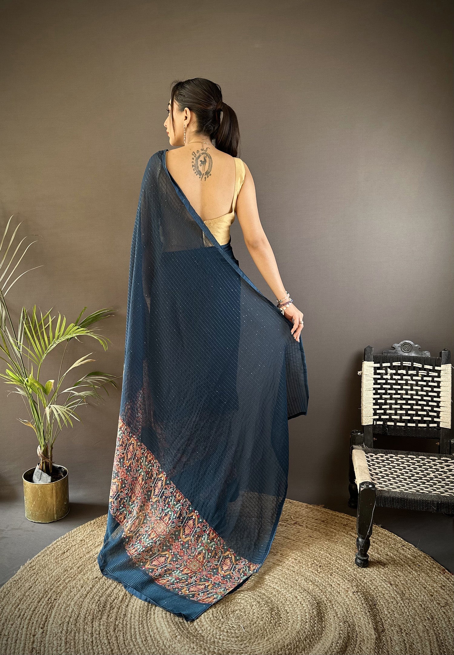 Joban Fashion Blue Georgette Attractive Foil Print Saree - Distacart