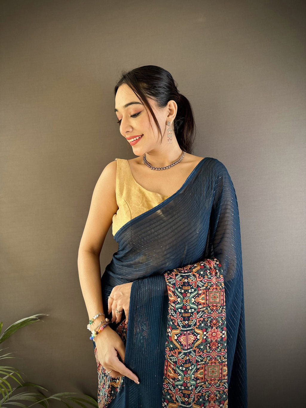 Joban Fashion Blue Georgette Attractive Foil Print Saree - Distacart
