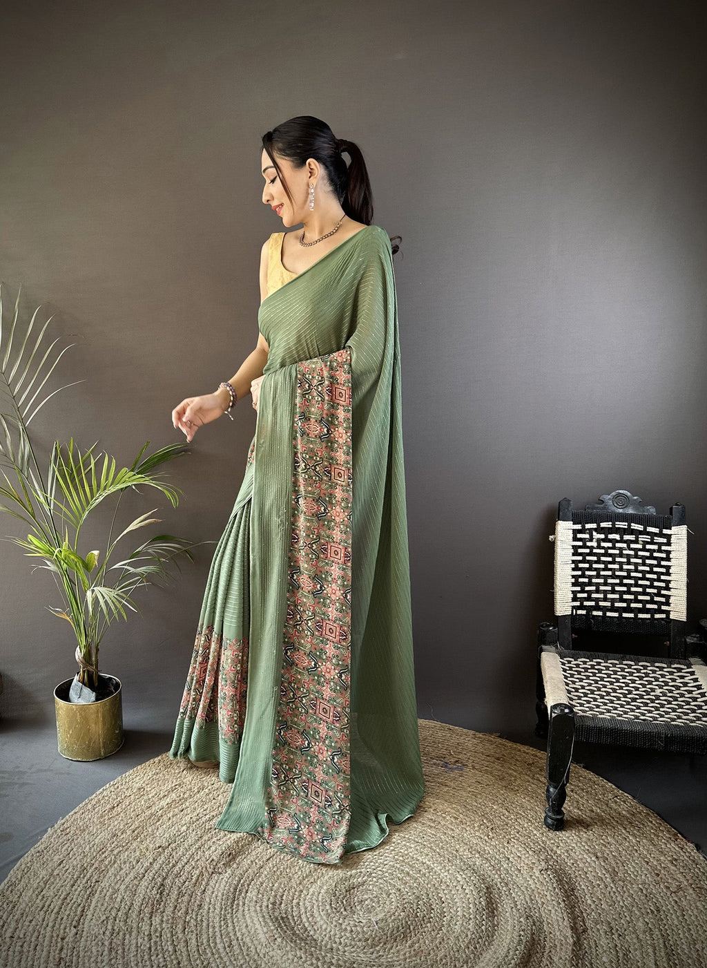 Joban Fashion Mehendi Green Georgette Attractive Foil Print Saree - Distacart