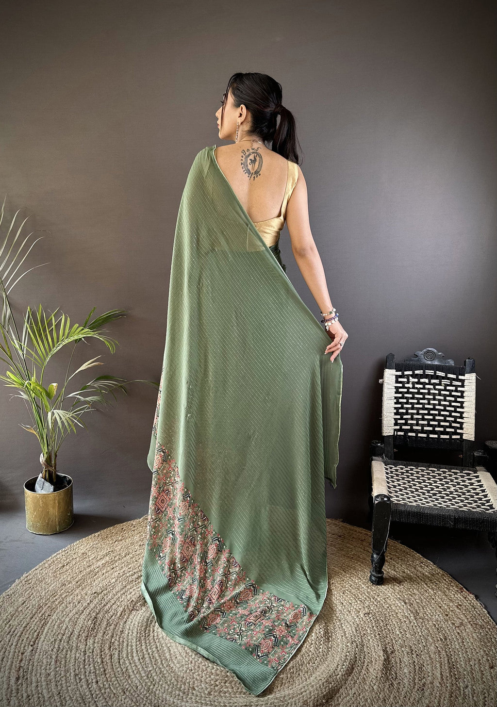 Joban Fashion Mehendi Green Georgette Attractive Foil Print Saree - Distacart