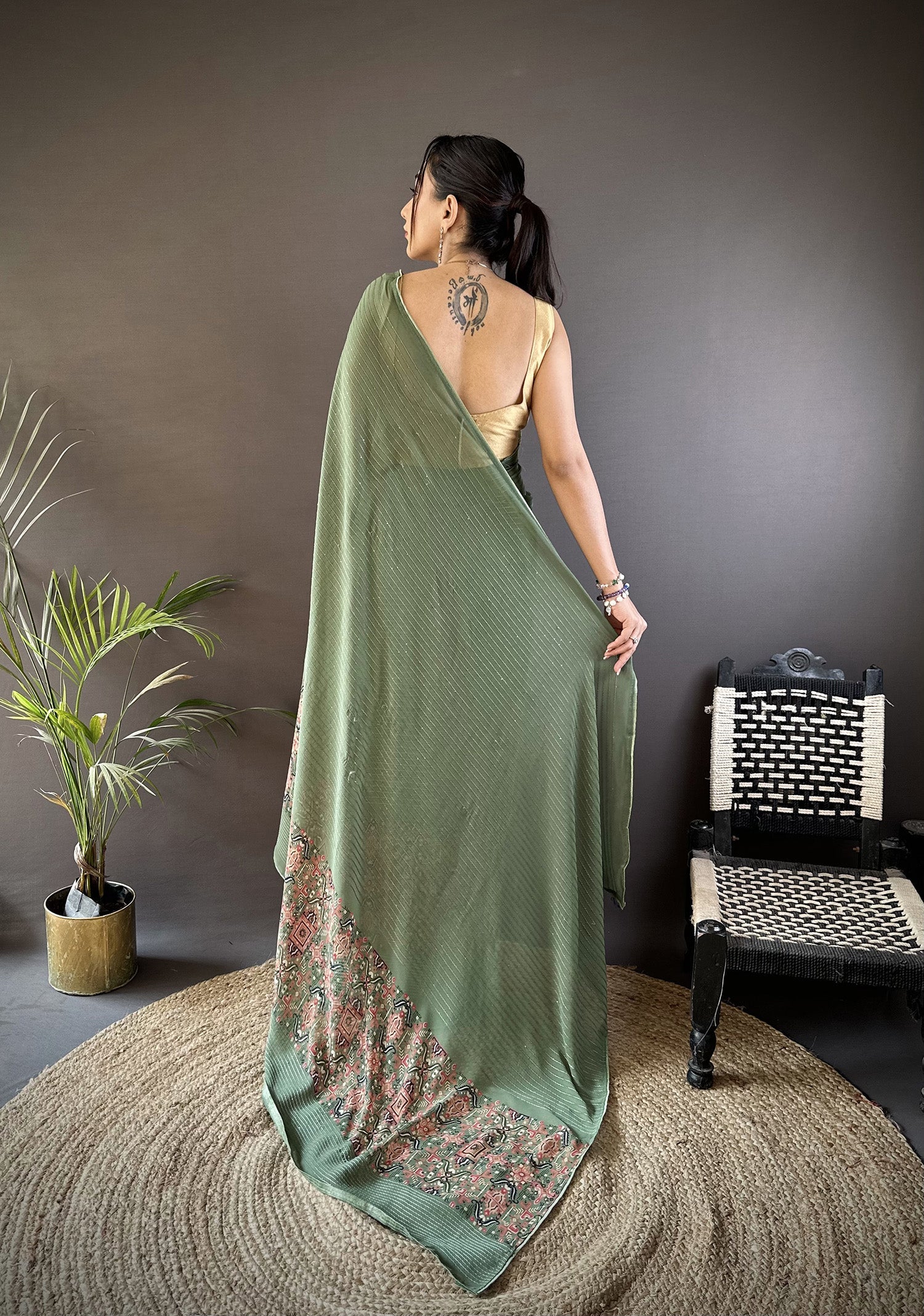 Joban Fashion Mehendi Green Georgette Attractive Foil Print Saree - Distacart