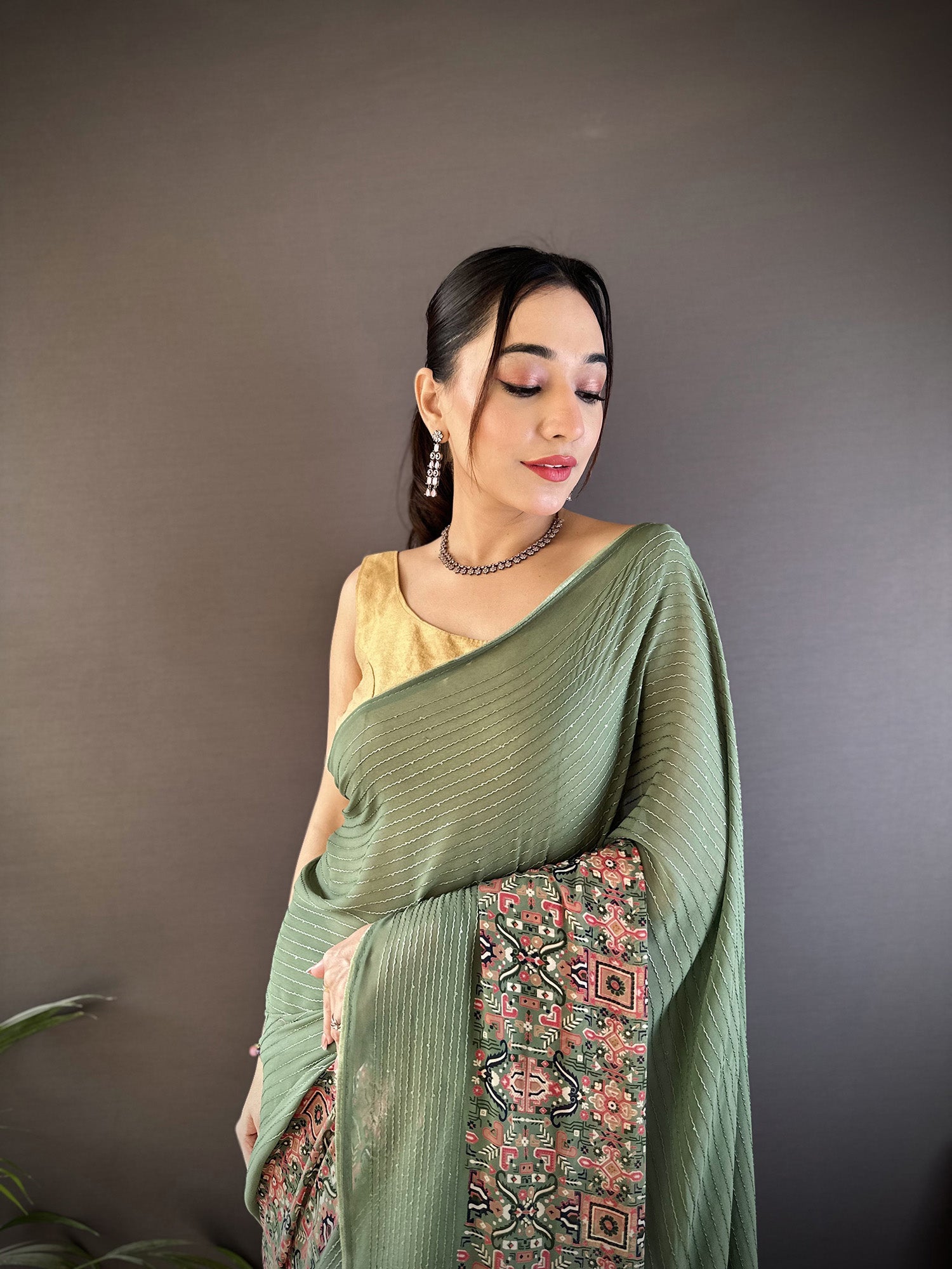 Joban Fashion Mehendi Green Georgette Attractive Foil Print Saree - Distacart