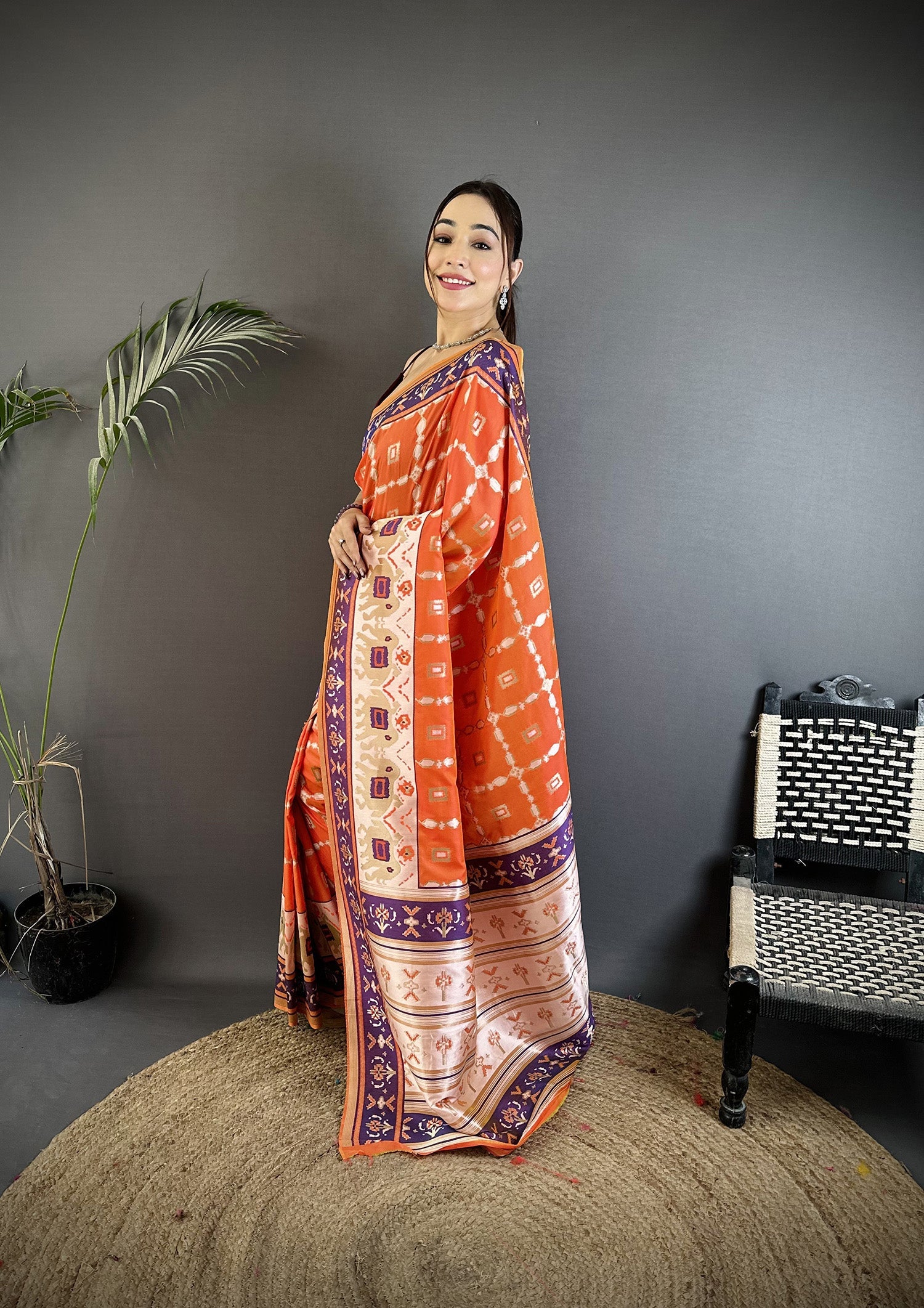 Joban Fashion Orange Banarasi Silk Motifs Inspired By Nature Saree - Distacart