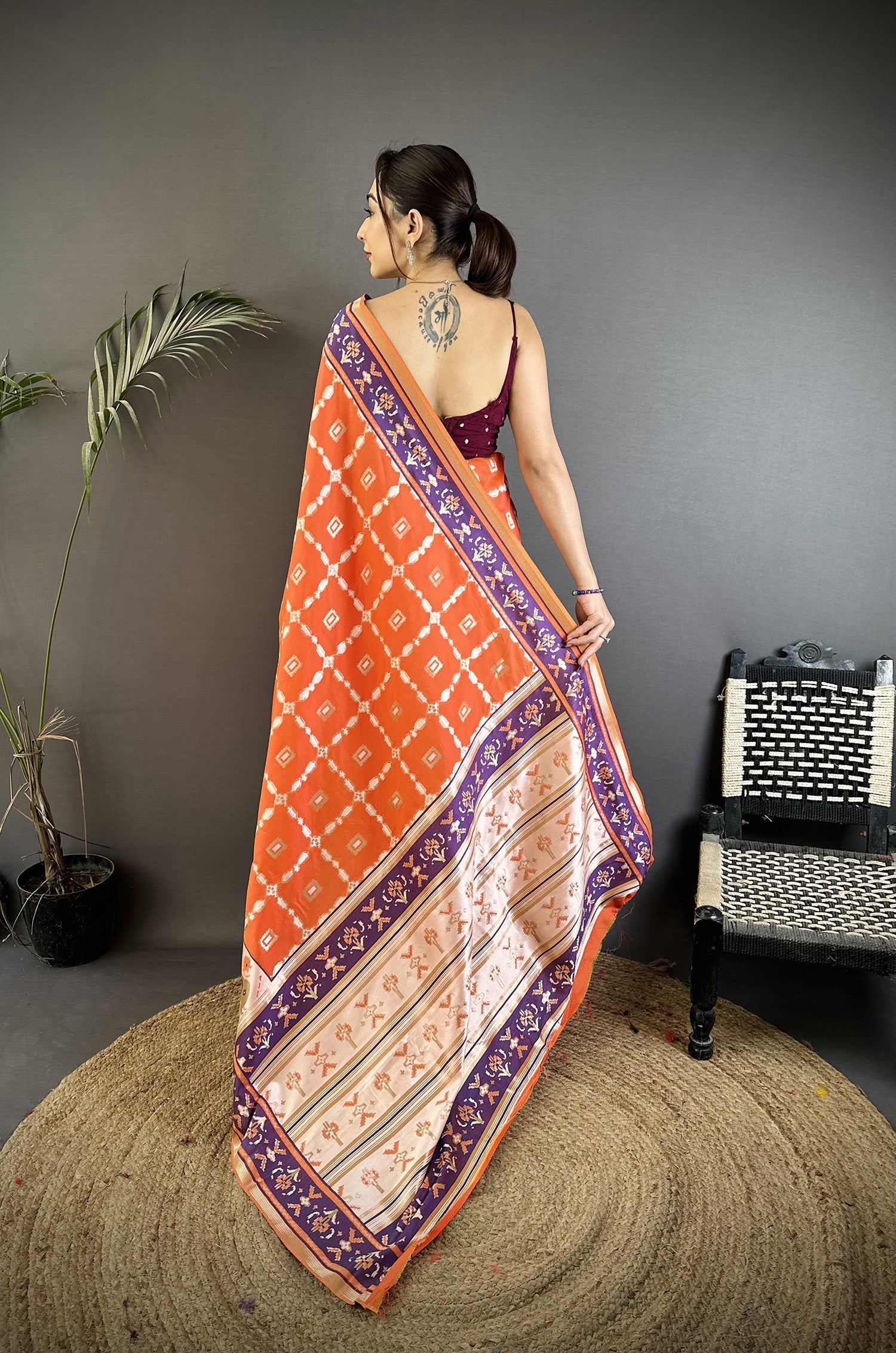 Joban Fashion Orange Banarasi Silk Motifs Inspired By Nature Saree - Distacart
