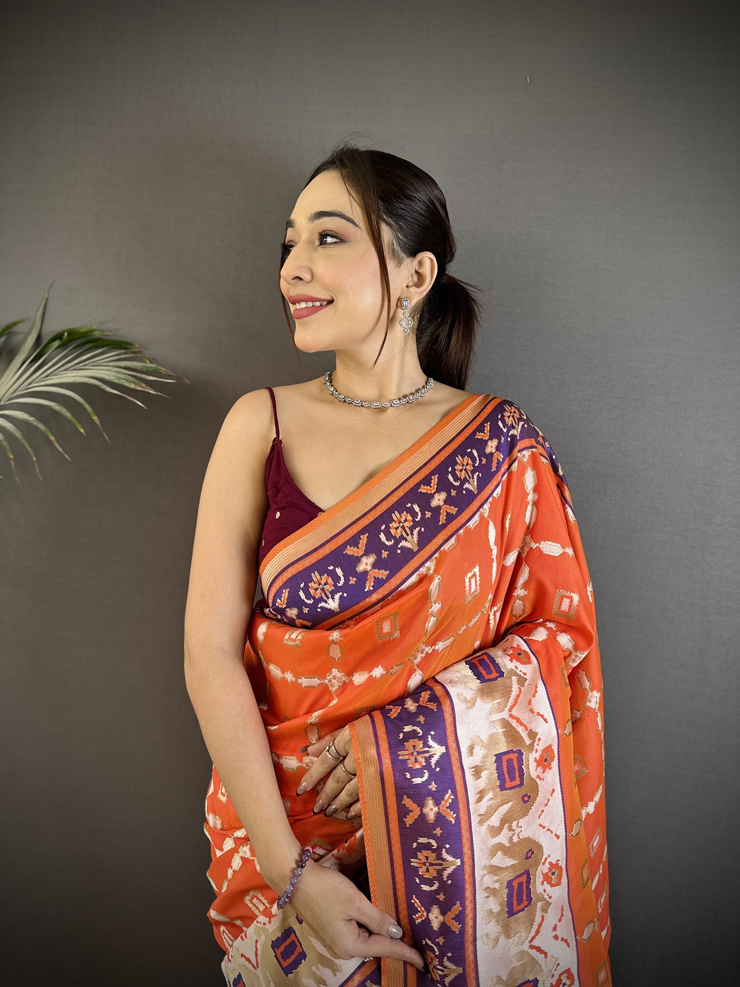 Joban Fashion Orange Banarasi Silk Motifs Inspired By Nature Saree - Distacart