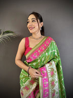 Joban Fashion Parrot Green Banarasi Silk Motifs Inspired By Nature Saree - Distacart