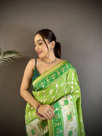Joban Fashion Pear Green Banarasi Silk Motifs Inspired By Nature Saree - Distacart