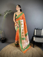 Joban Fashion Orange Banarasi Silk Motifs Inspired By Nature Saree - Distacart