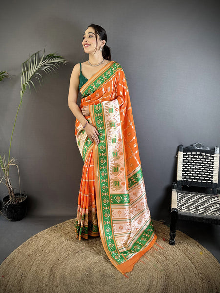 Joban Fashion Orange Banarasi Silk Motifs Inspired By Nature Saree