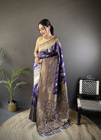 Joban Fashion Royal Blue Banarasi Soft Lichi Silk Floral and Zari Pattern Saree - Distacart