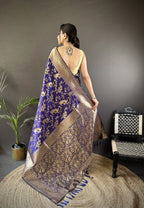 Joban Fashion Royal Blue Banarasi Soft Lichi Silk Floral and Zari Pattern Saree - Distacart