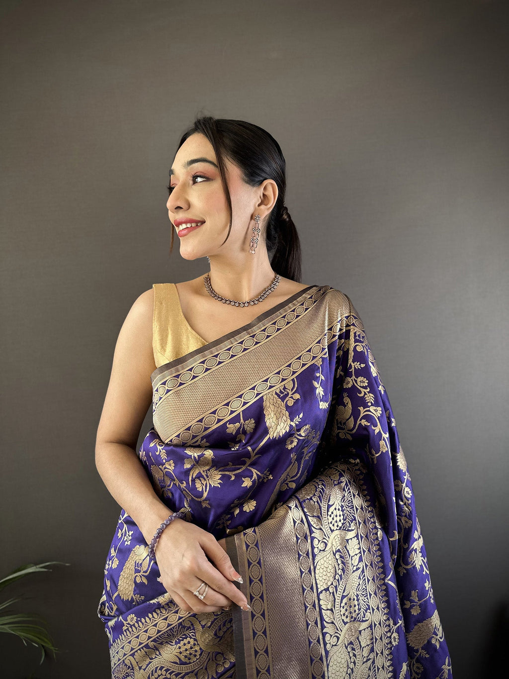 Joban Fashion Royal Blue Banarasi Soft Lichi Silk Floral and Zari Pattern Saree - Distacart