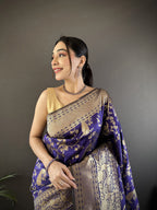 Joban Fashion Royal Blue Banarasi Soft Lichi Silk Floral and Zari Pattern Saree - Distacart
