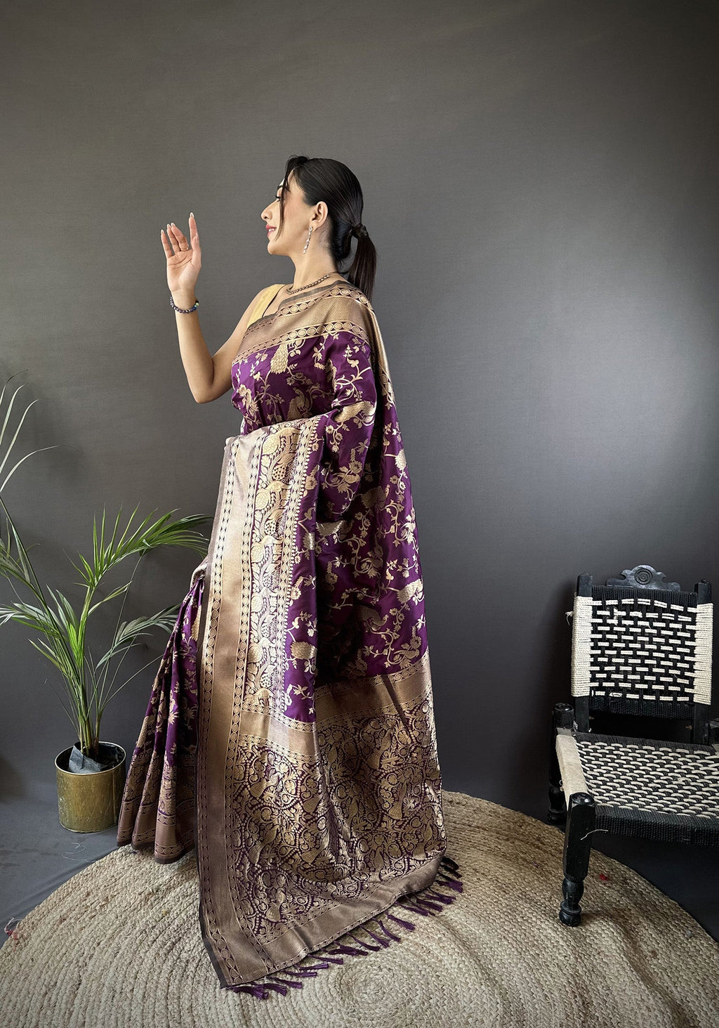 Joban Fashion Dark Purple Banarasi Soft Lichi Silk Floral and Zari Pattern Saree - Distacart