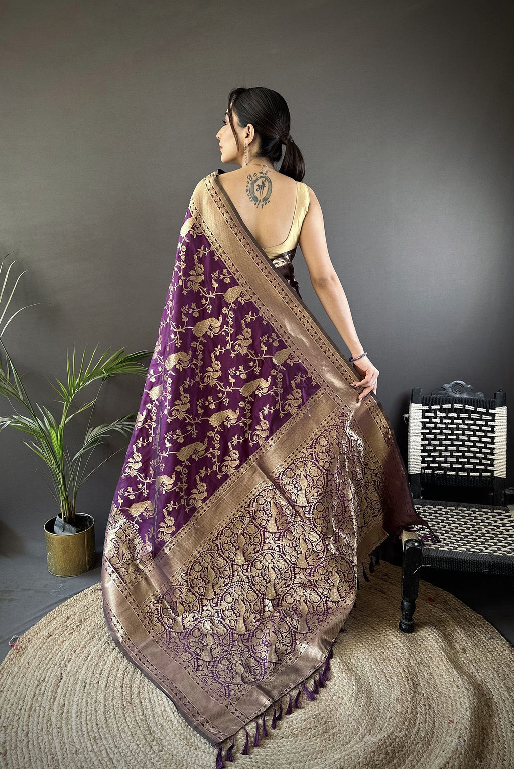 Joban Fashion Dark Purple Banarasi Soft Lichi Silk Floral and Zari Pattern Saree - Distacart