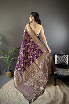 Joban Fashion Dark Purple Banarasi Soft Lichi Silk Floral and Zari Pattern Saree - Distacart