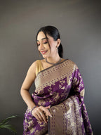 Joban Fashion Dark Purple Banarasi Soft Lichi Silk Floral and Zari Pattern Saree - Distacart