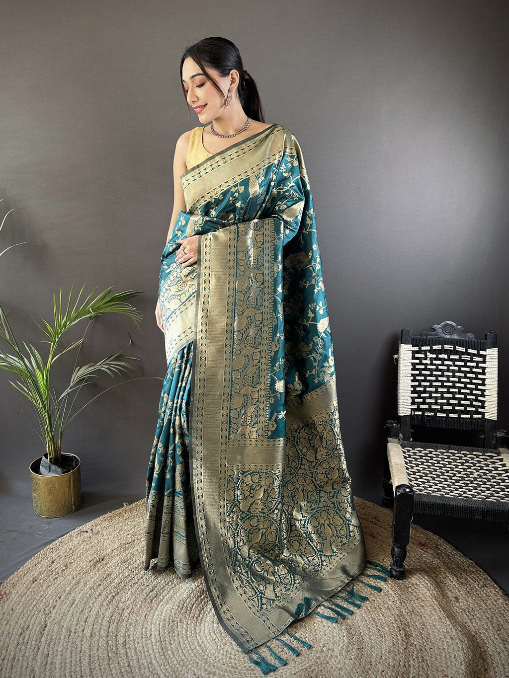 Joban Fashion Teal Blue Banarasi Soft Lichi Silk Floral and Zari Pattern Saree - Distacart