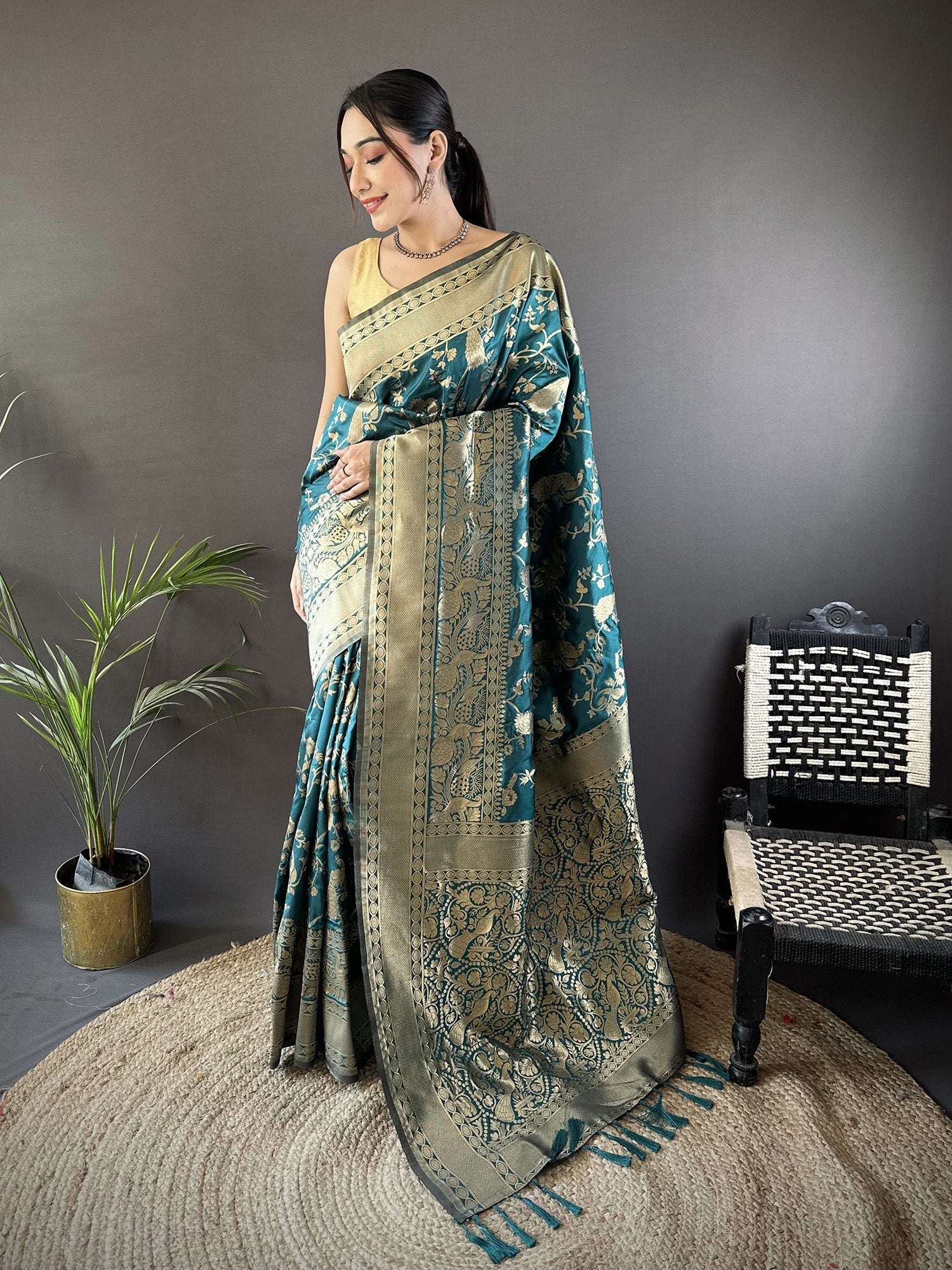 Joban Fashion Teal Blue Banarasi Soft Lichi Silk Floral and Zari Pattern Saree - Distacart