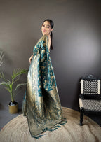 Joban Fashion Teal Blue Banarasi Soft Lichi Silk Floral and Zari Pattern Saree - Distacart