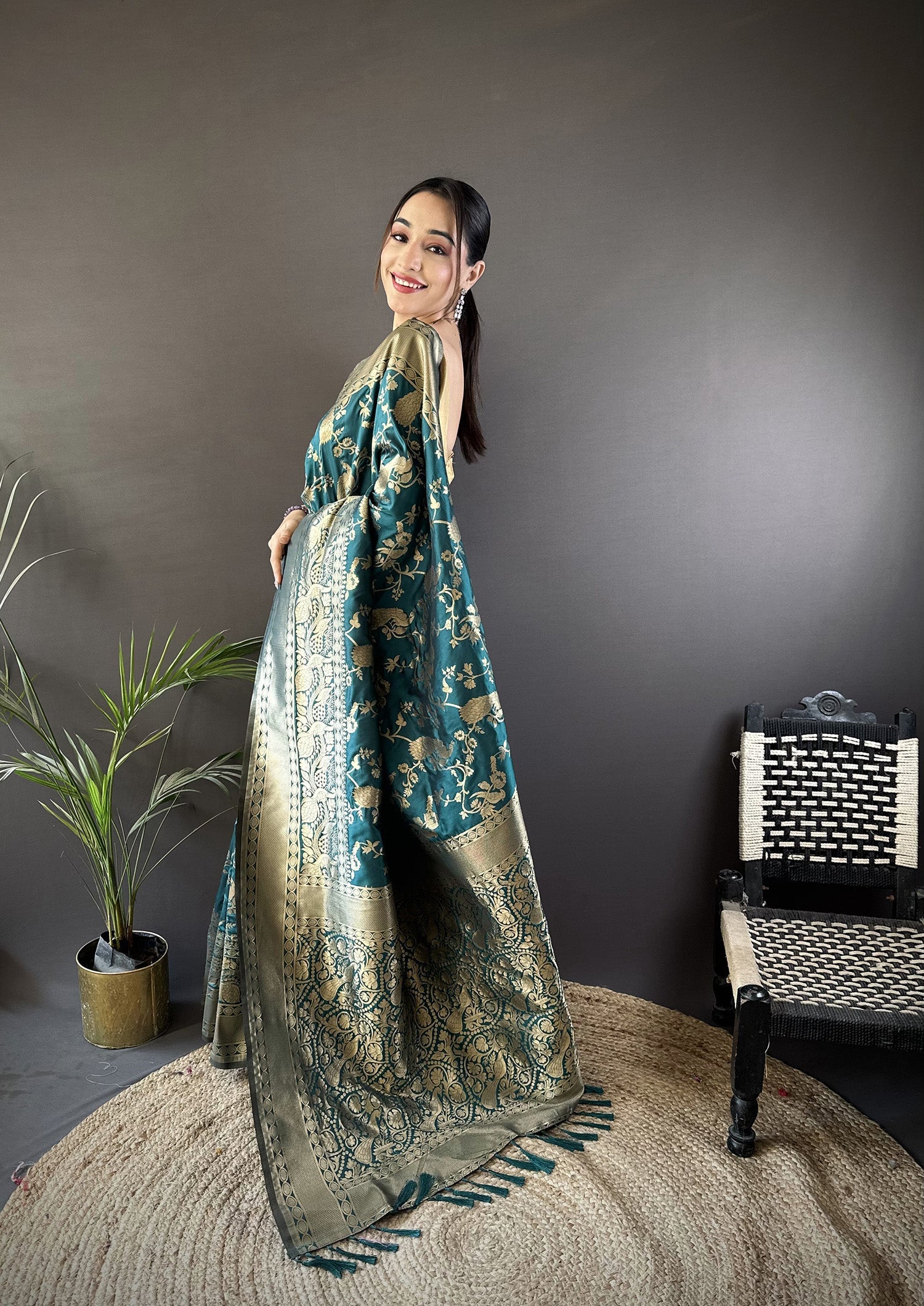 Joban Fashion Teal Blue Banarasi Soft Lichi Silk Floral and Zari Pattern Saree - Distacart