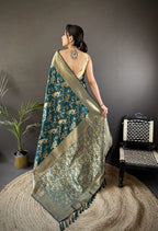 Joban Fashion Teal Blue Banarasi Soft Lichi Silk Floral and Zari Pattern Saree - Distacart
