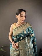 Joban Fashion Teal Blue Banarasi Soft Lichi Silk Floral and Zari Pattern Saree - Distacart