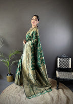 Joban Fashion Dark Green Banarasi Soft Lichi Silk Floral and Zari Pattern Saree - Distacart