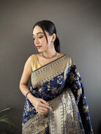 Joban Fashion Navy Blue Banarasi Soft Lichi Silk Floral and Zari Pattern Saree - Distacart