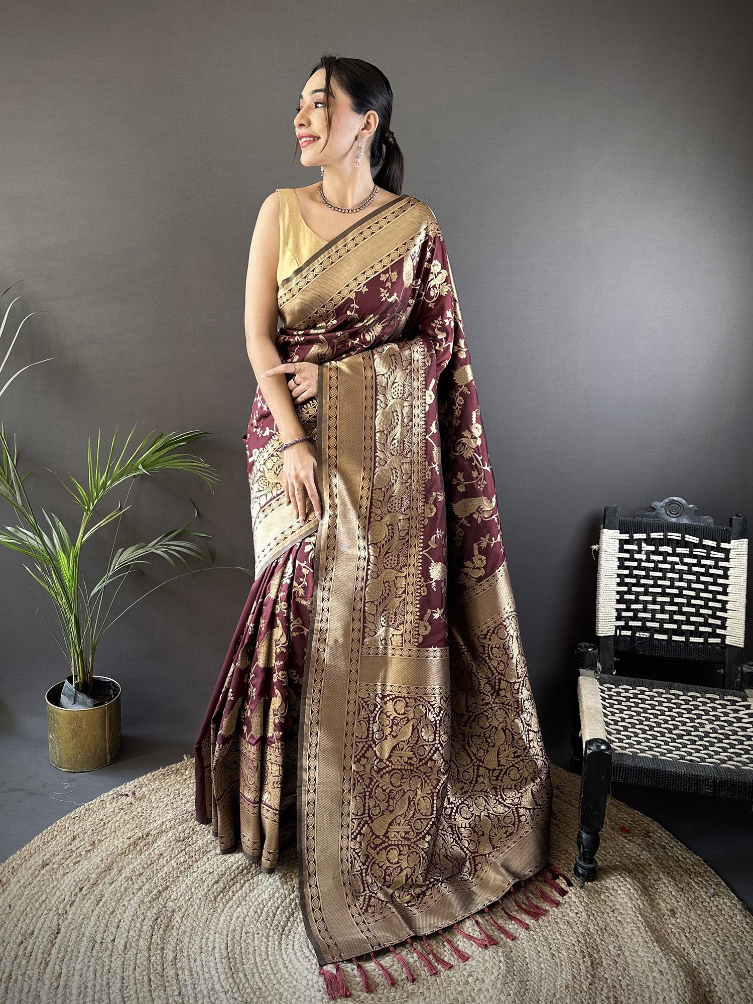 Joban Fashion Brown Banarasi Soft Lichi Silk Floral and Zari Pattern Saree - Distacart