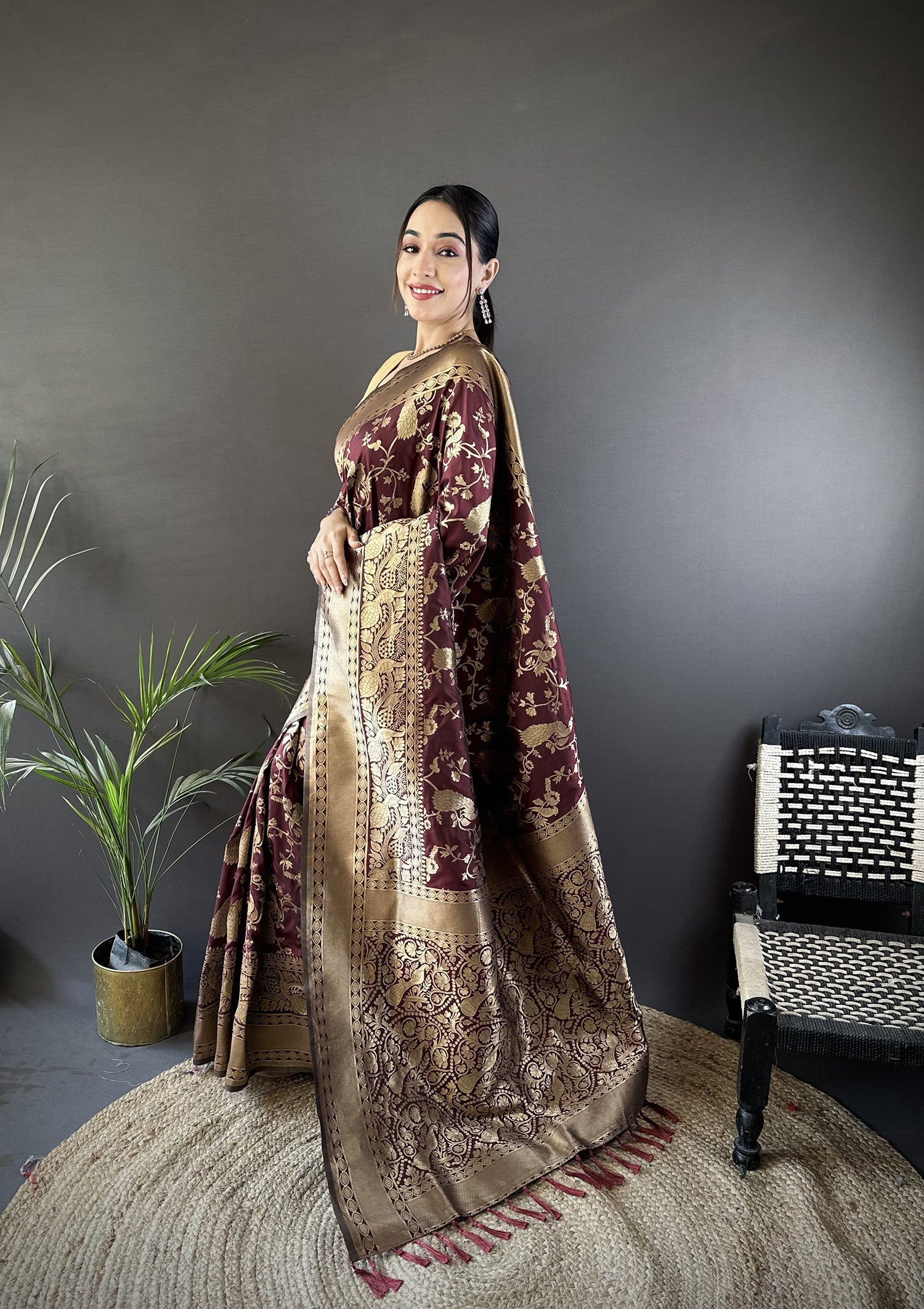 Joban Fashion Brown Banarasi Soft Lichi Silk Floral and Zari Pattern Saree - Distacart