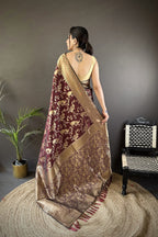Joban Fashion Brown Banarasi Soft Lichi Silk Floral and Zari Pattern Saree - Distacart