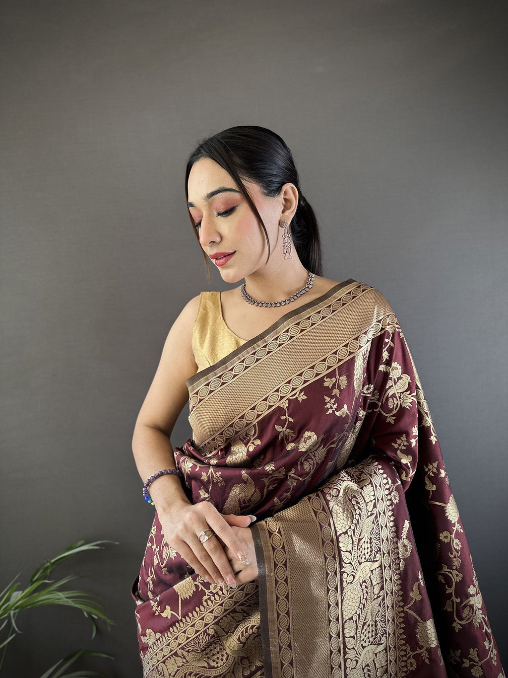 Joban Fashion Brown Banarasi Soft Lichi Silk Floral and Zari Pattern Saree - Distacart