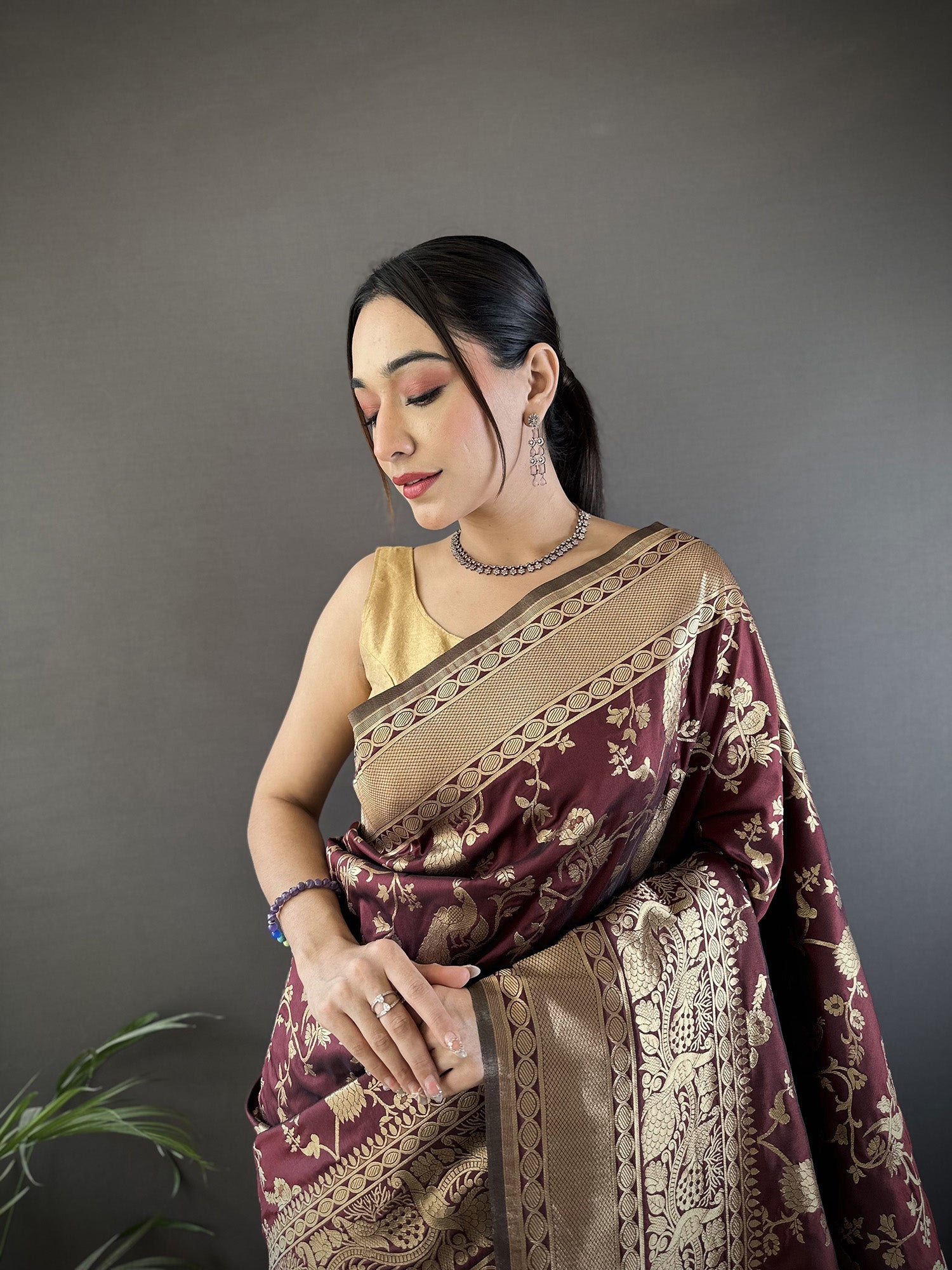 Joban Fashion Brown Banarasi Soft Lichi Silk Floral and Zari Pattern Saree - Distacart